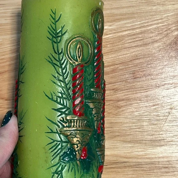Green Holiday Candle with Red and Gold Accents - Picture 2 of 5